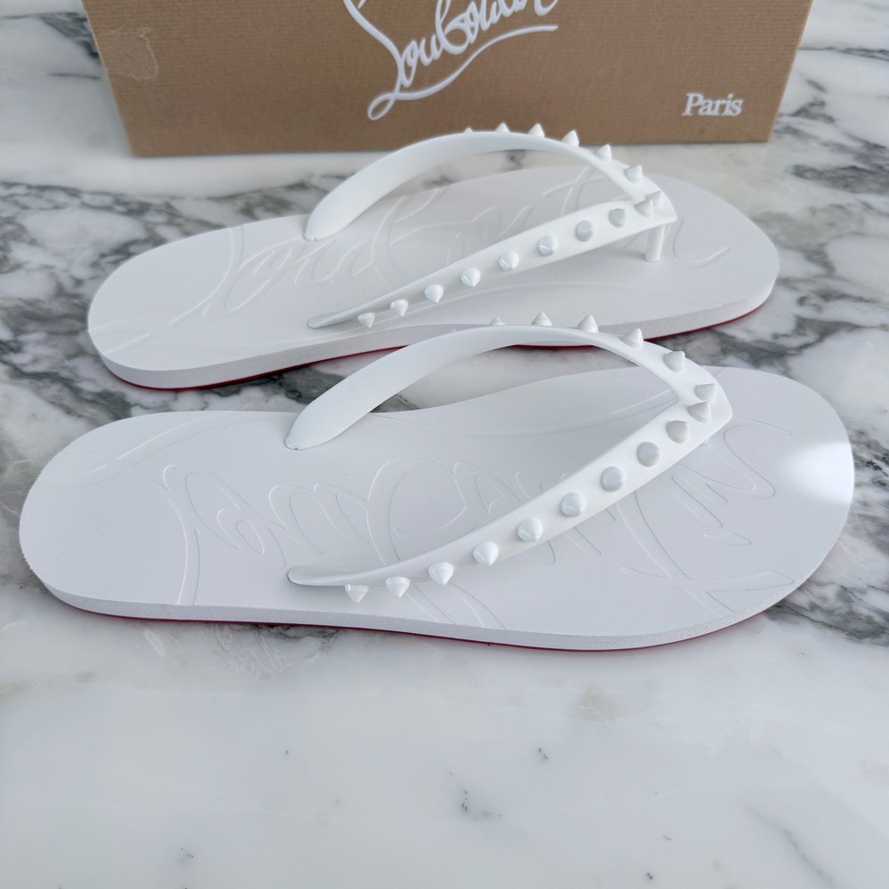 CHRISTIAN LOUBOUTIN 1201016 Mens Loubi Spiked White-Red Rubber Flip Flops, 46